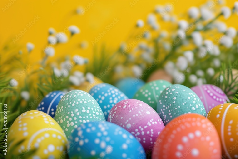 Easter Celebrations: Vibrant Egg Assortment And Festive Backdrop Easter Celebrations: Vibrant Egg Assortment And Festive Backdrop