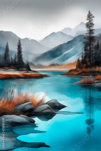 Winter landscape in retro style. Beautiful watercolors of a winter lake between high mountains.