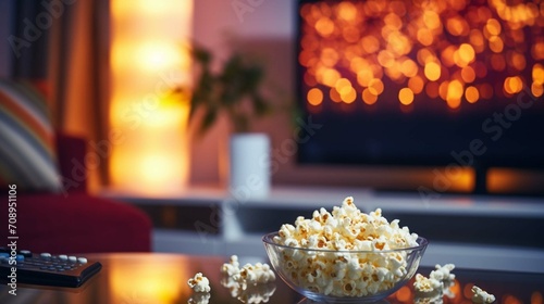 Popcorn in a glass bowl and remote control in front of the TV in a home interior