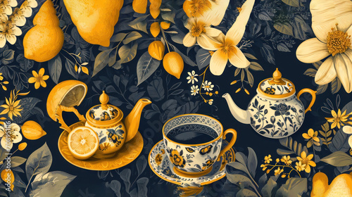  a painting of a tea set with lemons and flowers on a dark blue background with yellow and white flowers and lemons on the side of the teapot.