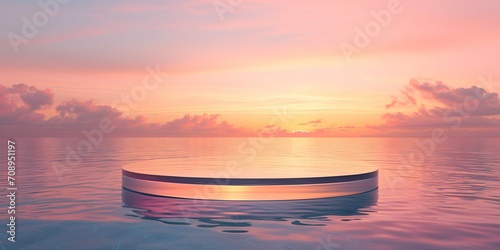 3D render of a round podium on the sea at sunset background