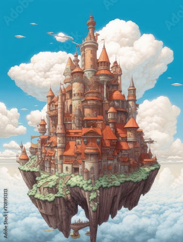 Flying castle town in the sky. Fantasy artwork illustration 