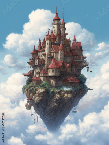 Castle in the sky among clouds. Fantasy illustration 