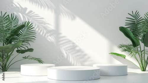 Minimal scene with white marble podium and palm leaves. 3D rendering © Henryz