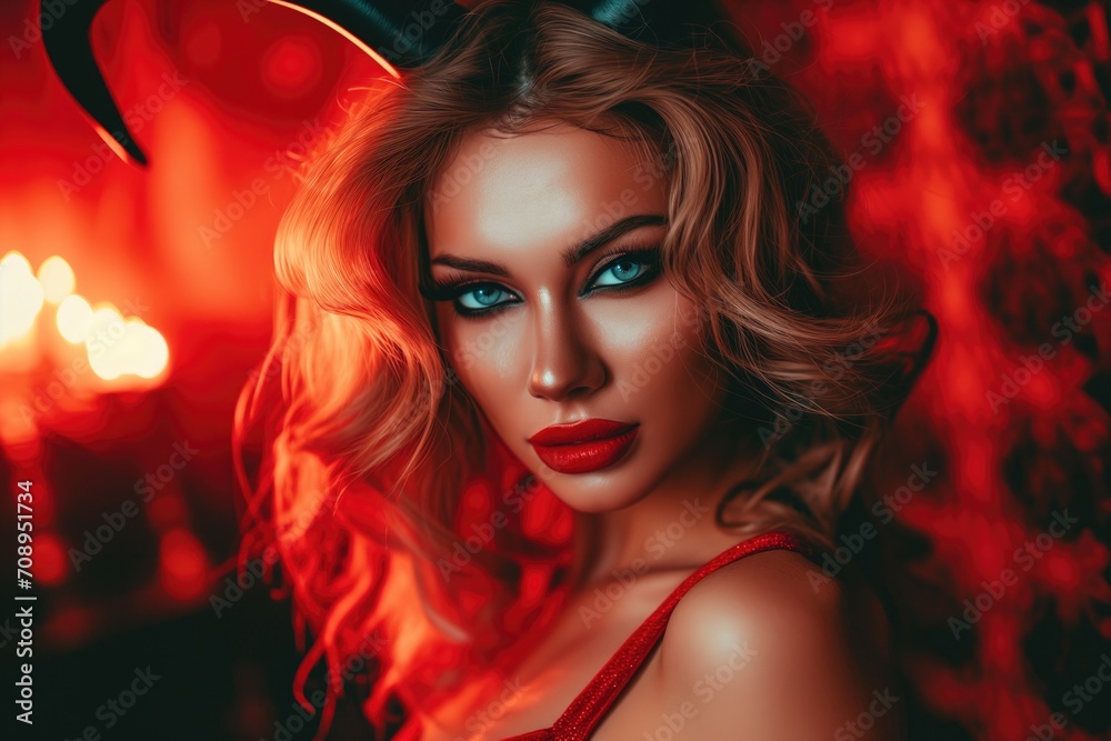 Intriguing And Alluring Halloween Outfit: Woman Dons Devil Costume With Enchanting Horns Intriguing And Alluring Halloween Outfit: Woman Dons Devil Costume With Enchanting Horns