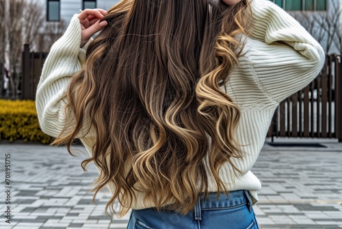 Woman Showcasing Her Balayage Hair, Highlighting The Technique