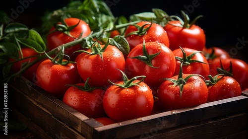 Ripe tomatoes in wooden box 