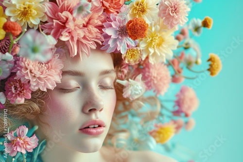 Spring's Vibrance Exemplified By A Youthful Girl, Her Flowing Hair Adorned With Blooming Flowers