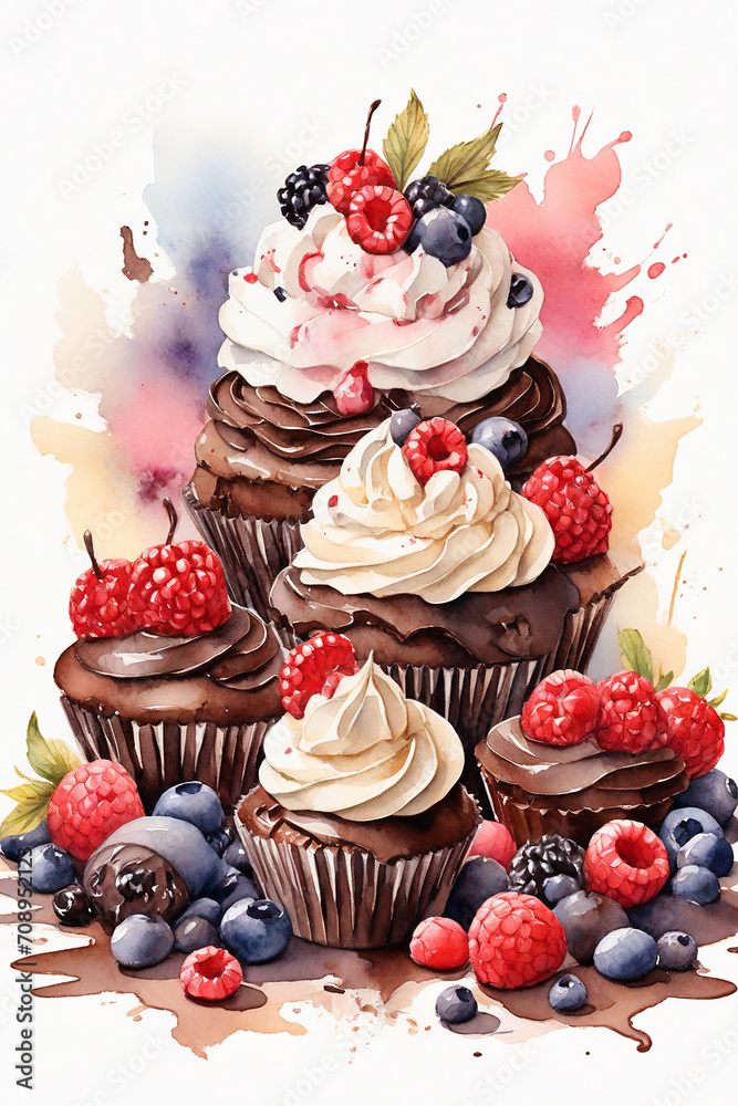 Watercolor illustration of chocolate cupcakes with cream and fresh berries.