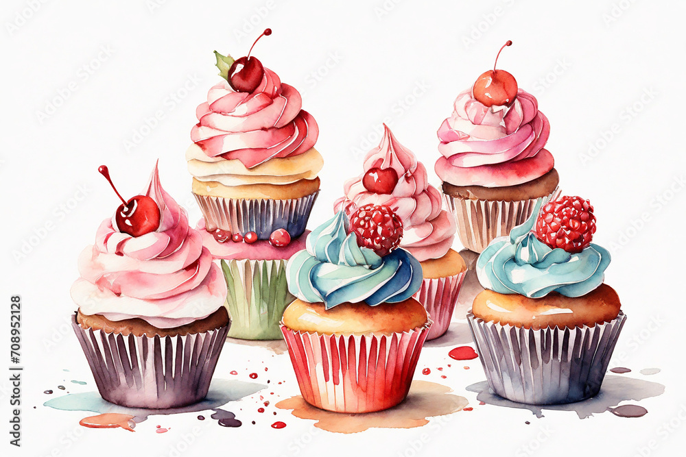 Cupcakes with cream and cherry on a white background. Watercolor illustration Cupcakes with cream and cherry on a white background. Watercolor illustration