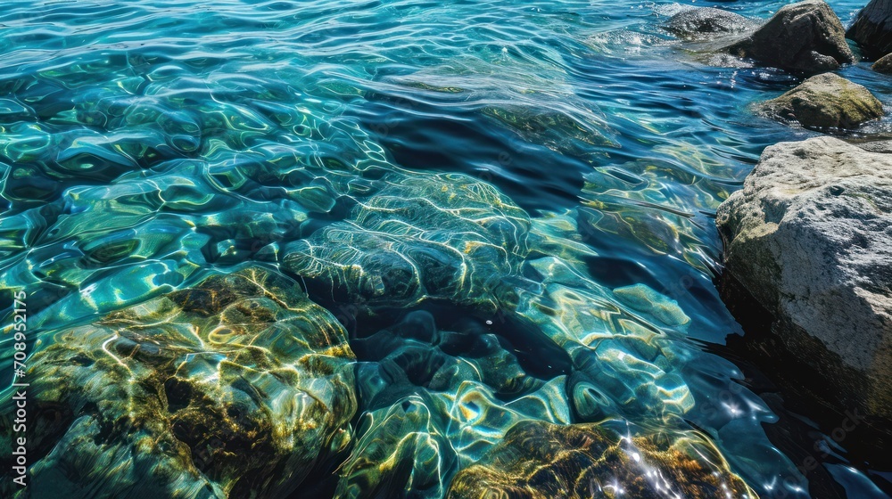 Obraz premium a body of water surrounded by rocks and a body of water surrounded by rocks and a body of water surrounded by rocks and a body of water with clear blue water.