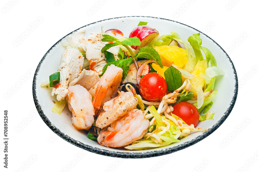 Vietnamese cuisine and food, shrimp salad on a plate, on a white isolated background
Vietnamese cuisine and food, shrimp salad on a plate, on a white isolated background