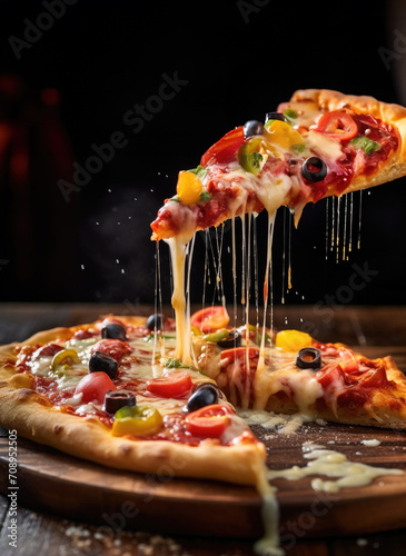 Hot pizza cheese crust topping sauce vegetables delicious fast food