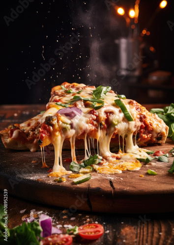 Hot pizza cheese crust topping sauce vegetables delicious fast food