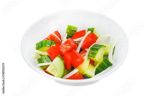 Cucumber and tomato salad in a bowl isolated on white background