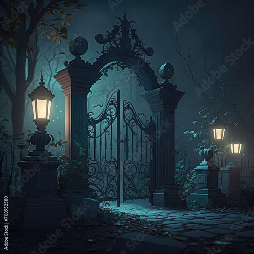 Halloween night scene with cemetery gate and streetlamps. 