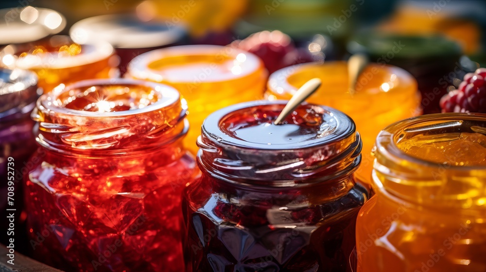Close-up shots of jars filled with vibrant jams and jellies in various flavors, showcasing the art of preserving sweetness, Close-up shots of jars filled with vibrant jams and jellies in various flavors, showcasing the art of preserving sweetness,