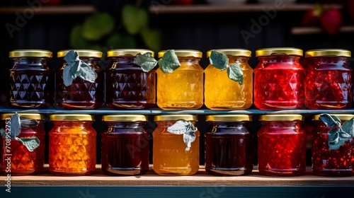  Close-up shots of jars filled with vibrant jams and jellies in various flavors, showcasing the art of preserving sweetness,