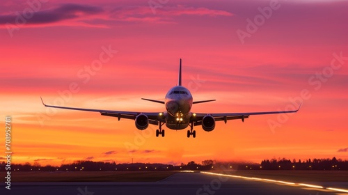 A commercial jet taking off into a colorful sunset sky, capturing the dynamic and majestic nature of aviation.