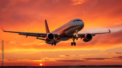  A commercial jet taking off into a colorful sunset sky, capturing the dynamic and majestic nature of aviation.