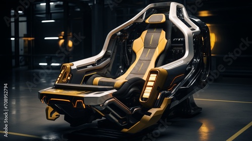  A futuristic gaming chair with interactive features and built-in technology,