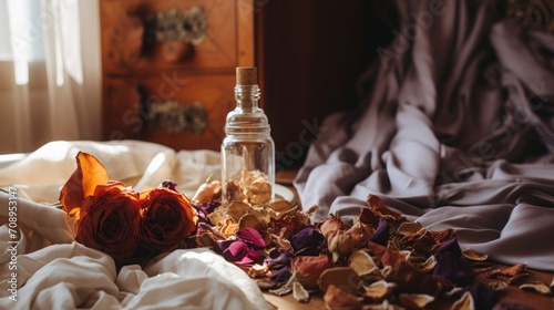 Bedroom or closet scene with handmade potpourri sachets as part of a DIY project