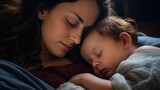Tranquil shots of a newborn peacefully sleeping on its mother's chest, highlighting the serenity and intimacy of the early bonding moments