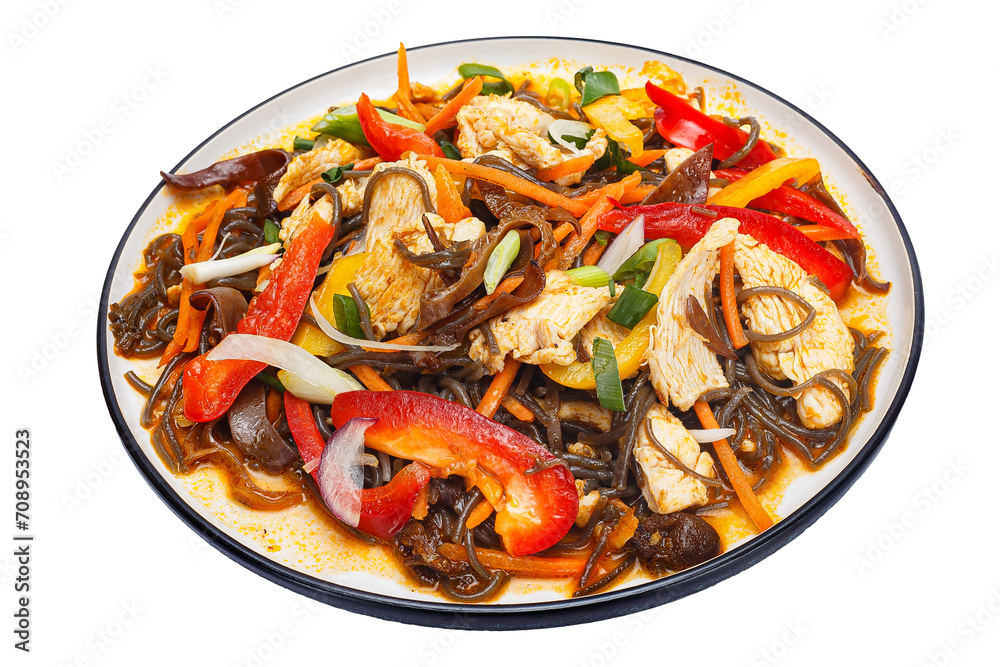 Vietnamese cuisine and food, funchose noodles with soy sauce, mushrooms and vegetables, fried beef on a plate, on a white isolated background Vietnamese cuisine and food, funchose noodles with soy sauce, mushrooms and vegetables, fried beef on a plate, on a white isolated background