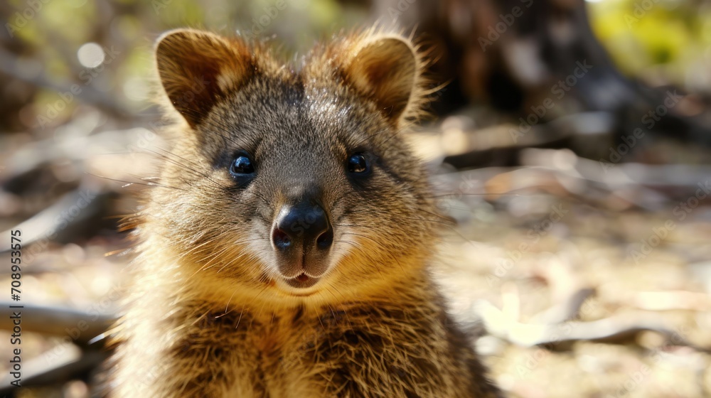 a close up of a small animal with a big smile on it's face with a blurry background of leaves and branches in the foreground and a blurry foreground. a close up of a small animal with a big smile on it's face with a blurry background of leaves and branches in the foreground and a blurry foreground.