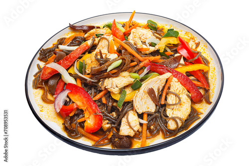Vietnamese cuisine and food, funchose noodles with soy sauce, mushrooms and vegetables, fried beef on a plate, on a white isolated background