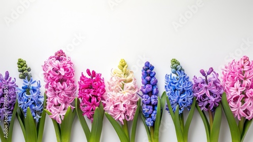 Purple hyacinth flowers in full bloom, with vibrant petals and a delightful fragrance. The flowers are set against a green background. photo