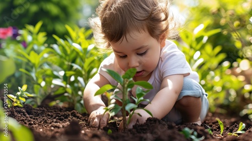A toddler plants a little green plant into the soil, surrounded by greenery, ecology concept
