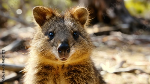  a close up of a small animal with a big smile on it's face with a blurry background of leaves and branches in the foreground and a blurry foreground.