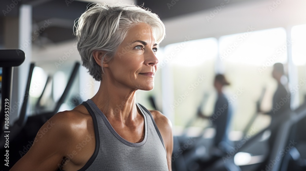 mid age woman, working on a fitness equipment in fitness studio, without make up, emphasizing gray hair and natural aging mid age woman, working on a fitness equipment in fitness studio, without make up, emphasizing gray hair and natural aging