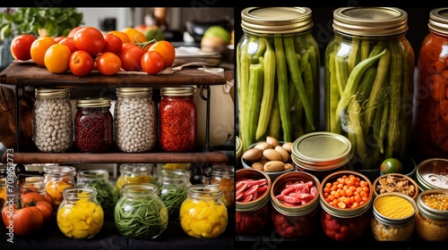 Collage of various fruits and vegetables being prepared for preservation, showcasing the diversity of the canning process,