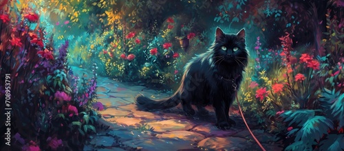 Garden with a dark feline on a leash photo