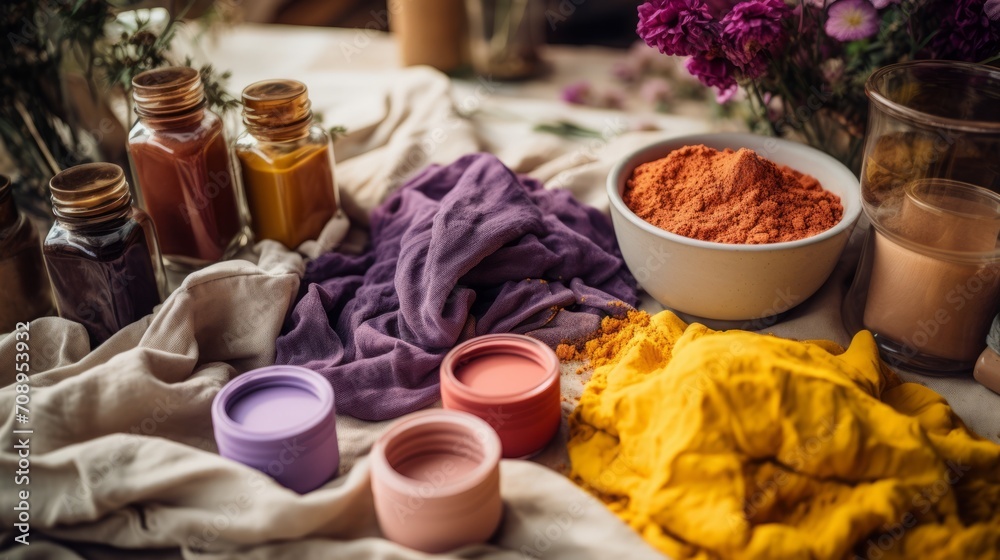 Crafting scene with homemade natural dyes in various colors for fabric