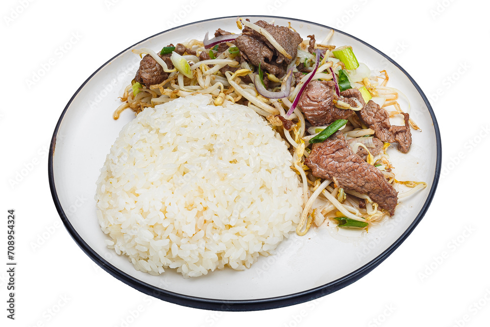 Vietnamese cuisine and food white rice with fried beef on a plate on a white isolated background Vietnamese cuisine and food white rice with fried beef on a plate on a white isolated background