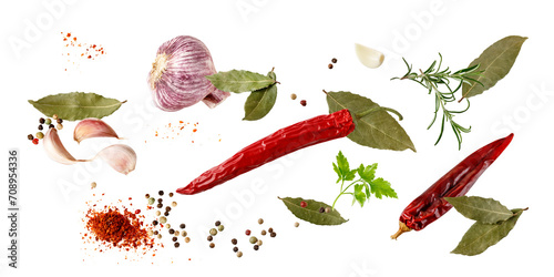 Aroma spice card: dried red hot chilli peppers, cloves garlic, mix peppercorn, bay leaves, rosemary and parsley fresh herb. photo