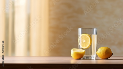 Warm water with a slice of lemon on kithen table at morning light. Healty drink. 