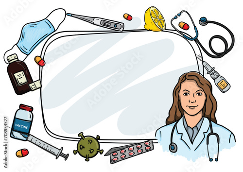 Young woman doctor, medical elements, drugs and viruses. Bright Presentation Frame with Space for Text