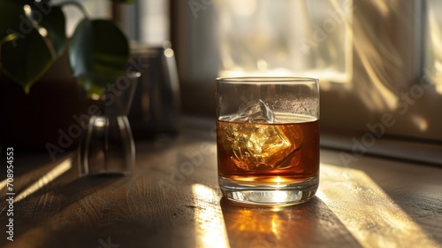  a glass of whiskey sits on a table next to a potted plant and a potted plant on the side of a window sill in a sunny room.