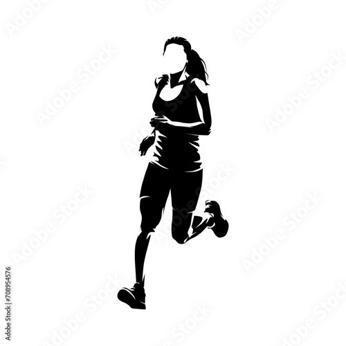 Running woman, isolated vector silhouette, front view