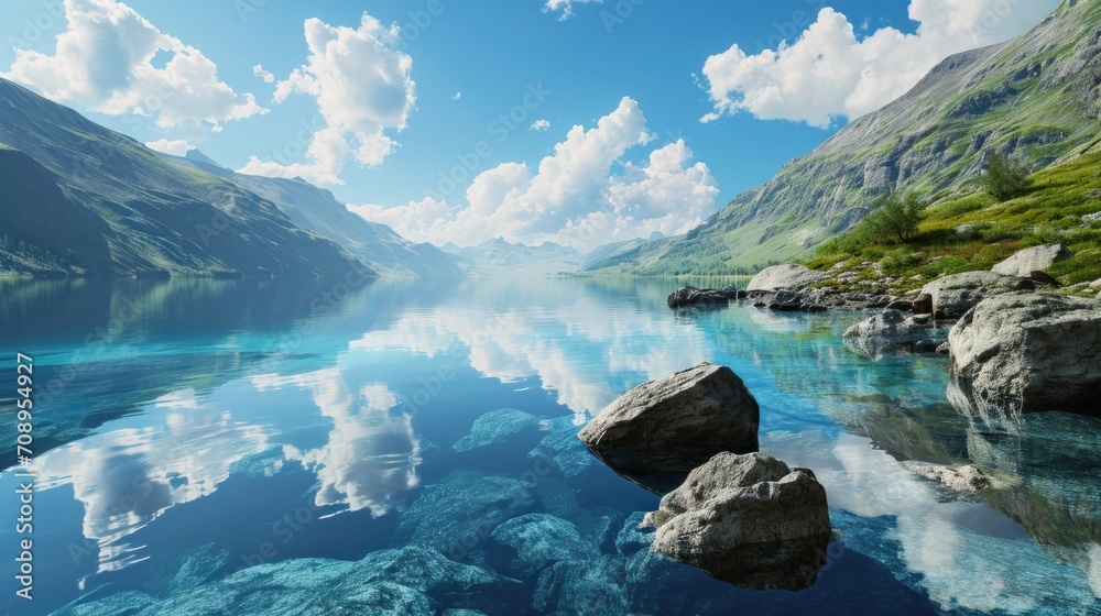  a large body of water with rocks in the middle of it and a mountain range in the distance with clouds in the sky and a body of water in the foreground.