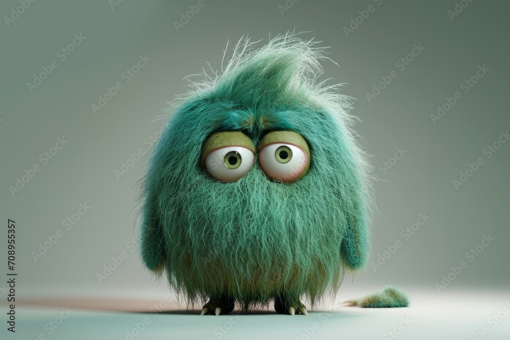 Cute sage or green furry monster 3D cartoon character