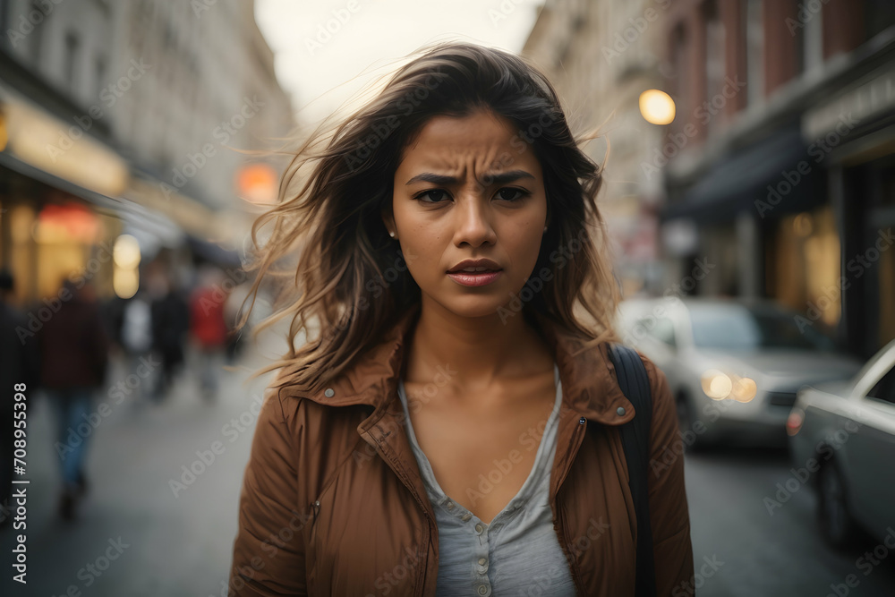Close up portrait of a beautiful young woman in a beige coat on the street