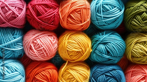 Rows of colorful yarn balls tightly packed together, showcasing a rainbow of knitting materials