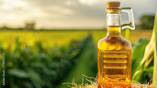 A bottle of corn oil placed amidst cornfields, with an ear of corn, highlighting the agricultural source of the product.