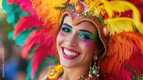 A carnival participant beams with a wide smile, surrounded by multicolored feathers, wearing a jeweled crown and face gems, epitomizing the spirit of Brazilian samba