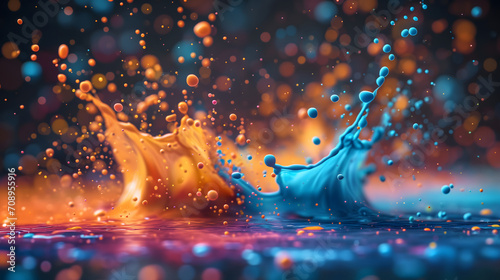 Blue and Orange Paint Splashes in Mid-Air